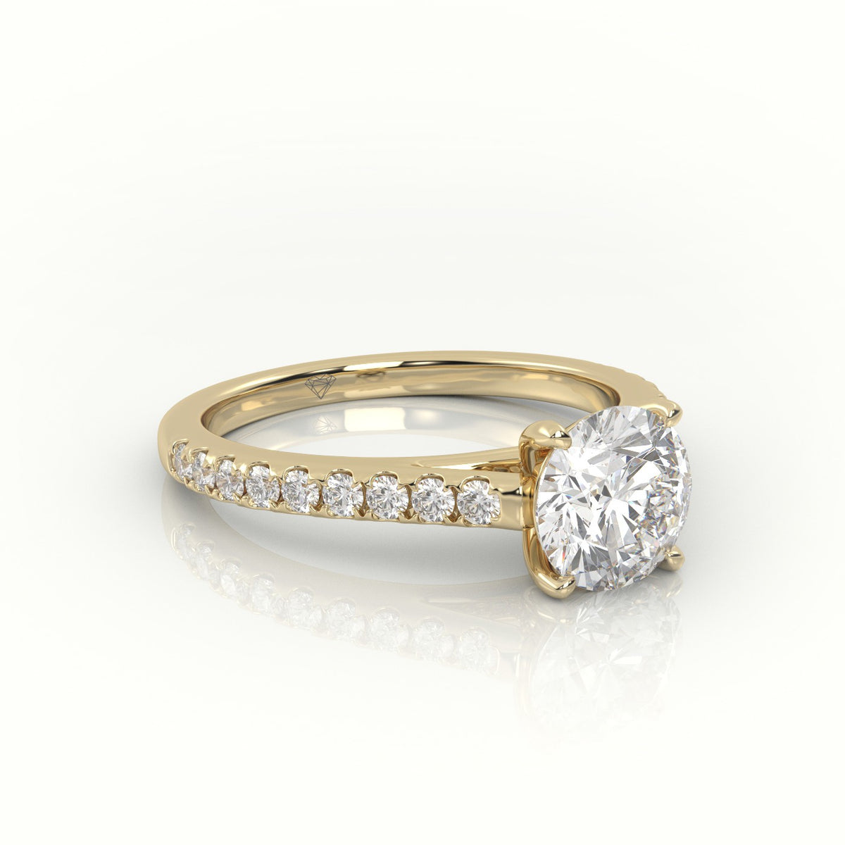 Round Cut Diamond Pave Setting Engagement Ring — Yellow Gold