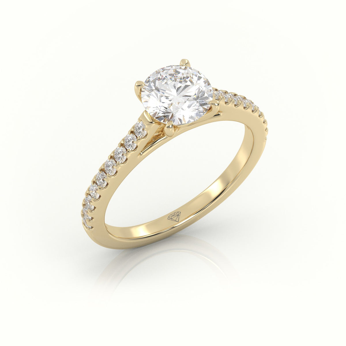 Round Cut Diamond Pave Setting Engagement Ring — Yellow Gold