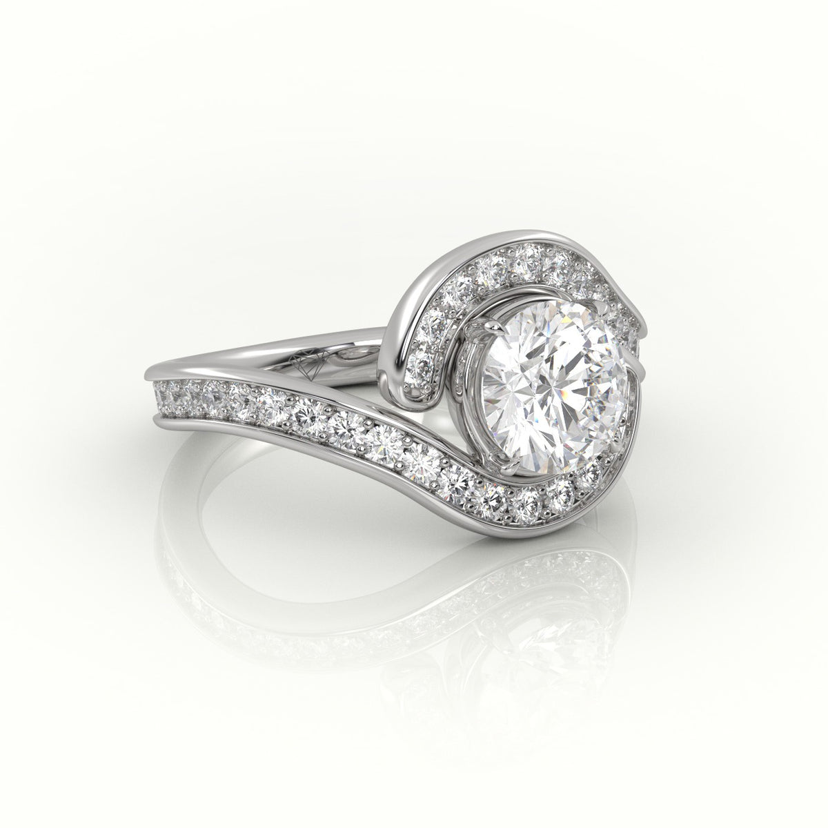 Round Diamond 4 Prongs Swirl Design Engagement Ring — White Gold