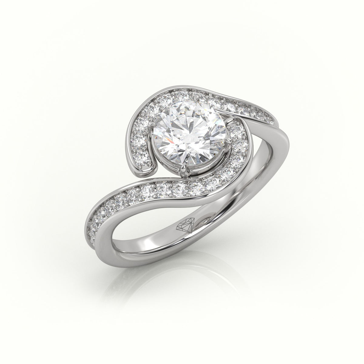 Round Diamond 4 Prongs Swirl Design Engagement Ring — White Gold