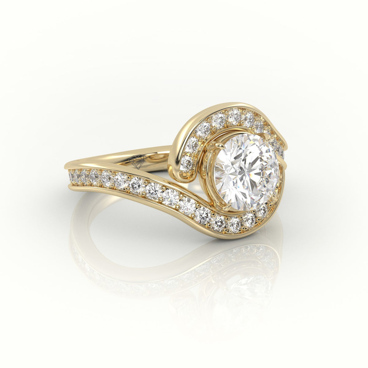 Round Diamond 4 Prongs Swirl Design Engagement Ring — Yellow Gold