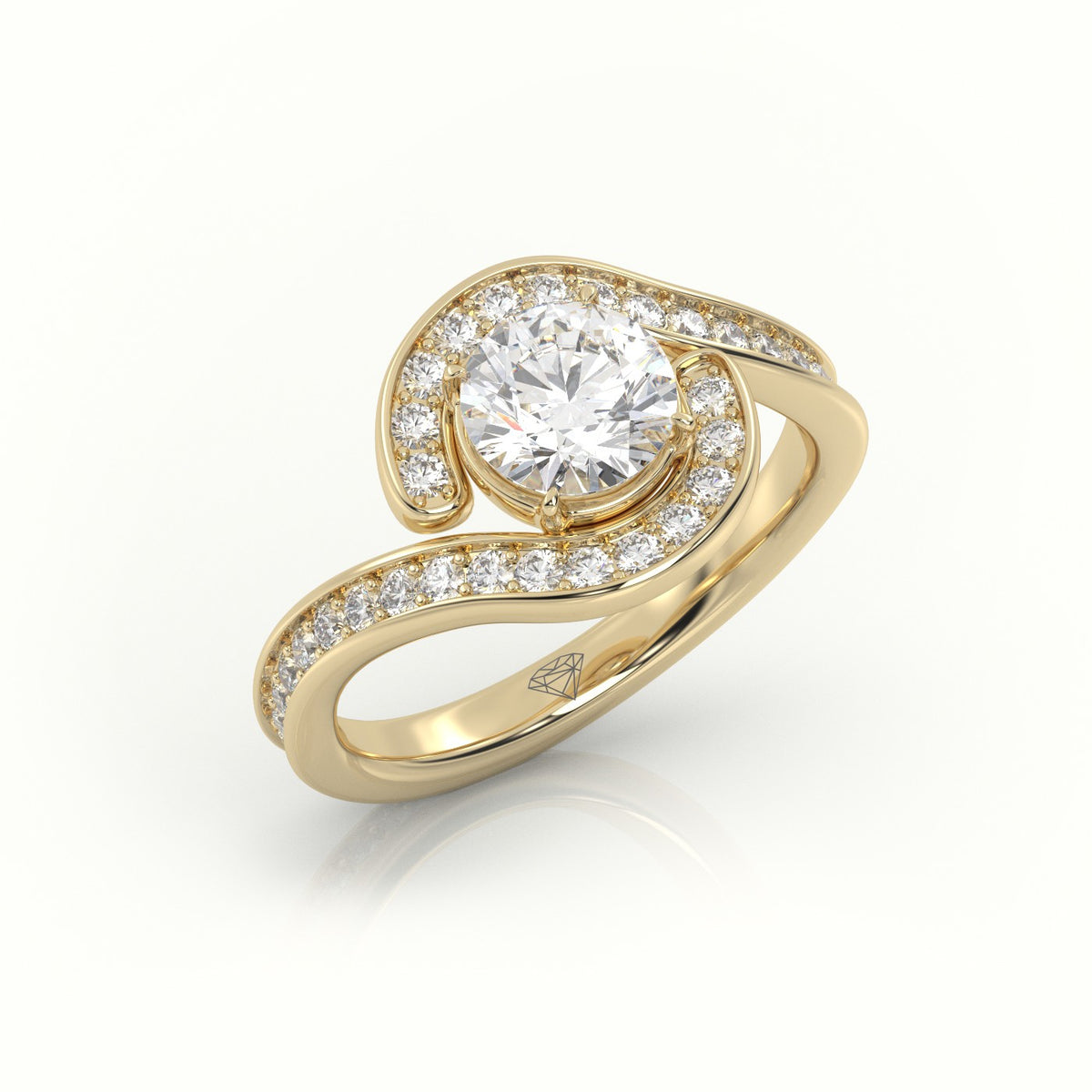 Round Diamond 4 Prongs Swirl Design Engagement Ring — Yellow Gold