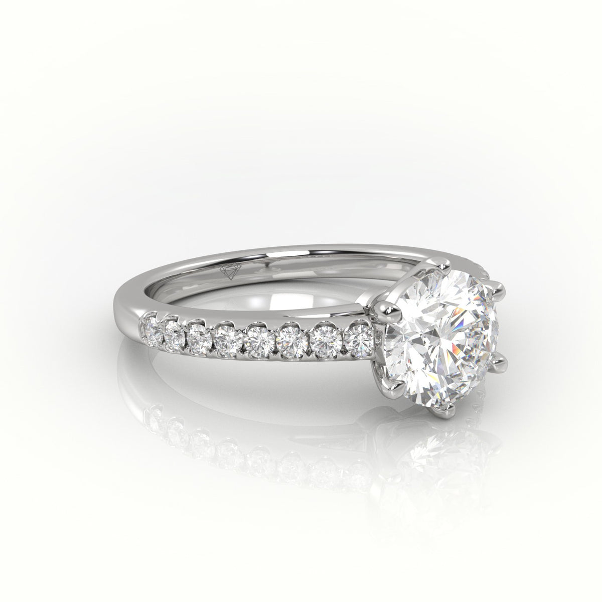 Round Cut Diamond 6 Prongs Pave Setting Engagement Ring — White Gold