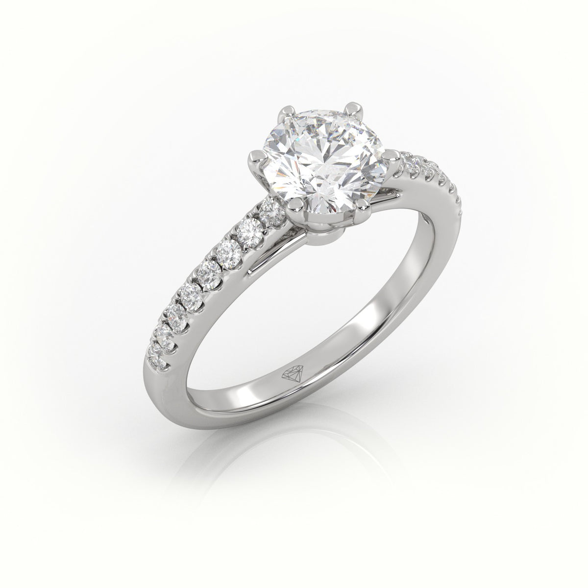 Round Cut Diamond 6 Prongs Pave Setting Engagement Ring — White Gold