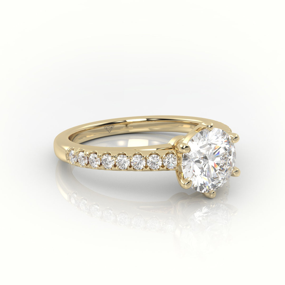 Round Cut Diamond 6 Prongs Pave Setting Engagement Ring — Yellow Gold