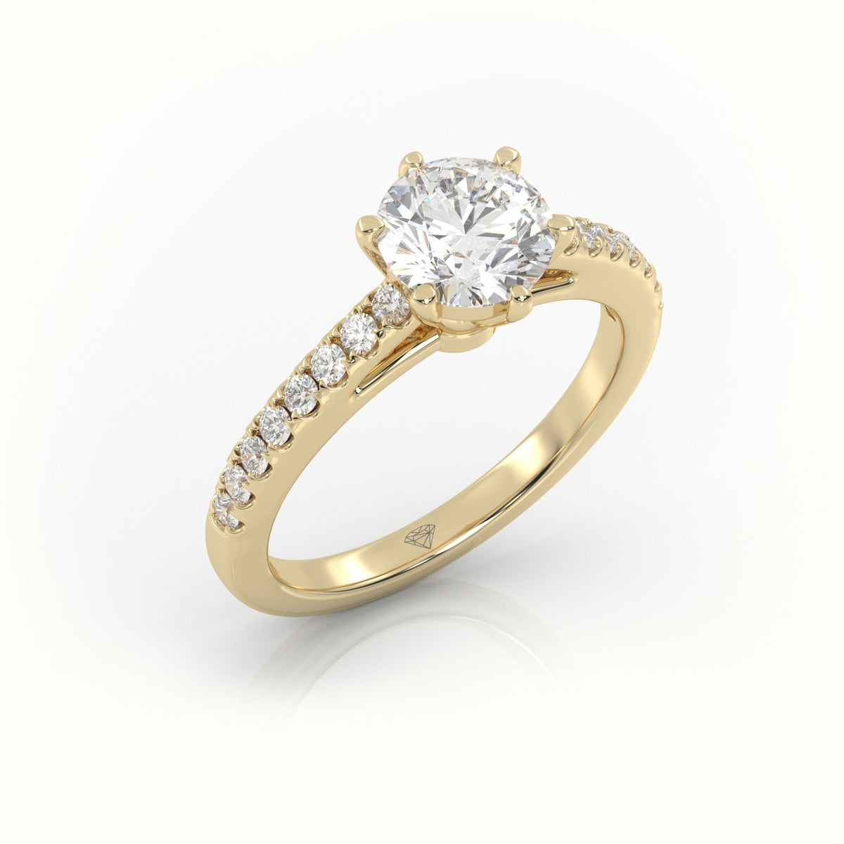 Round Cut Diamond 6 Prongs Pave Setting Engagement Ring — Yellow Gold