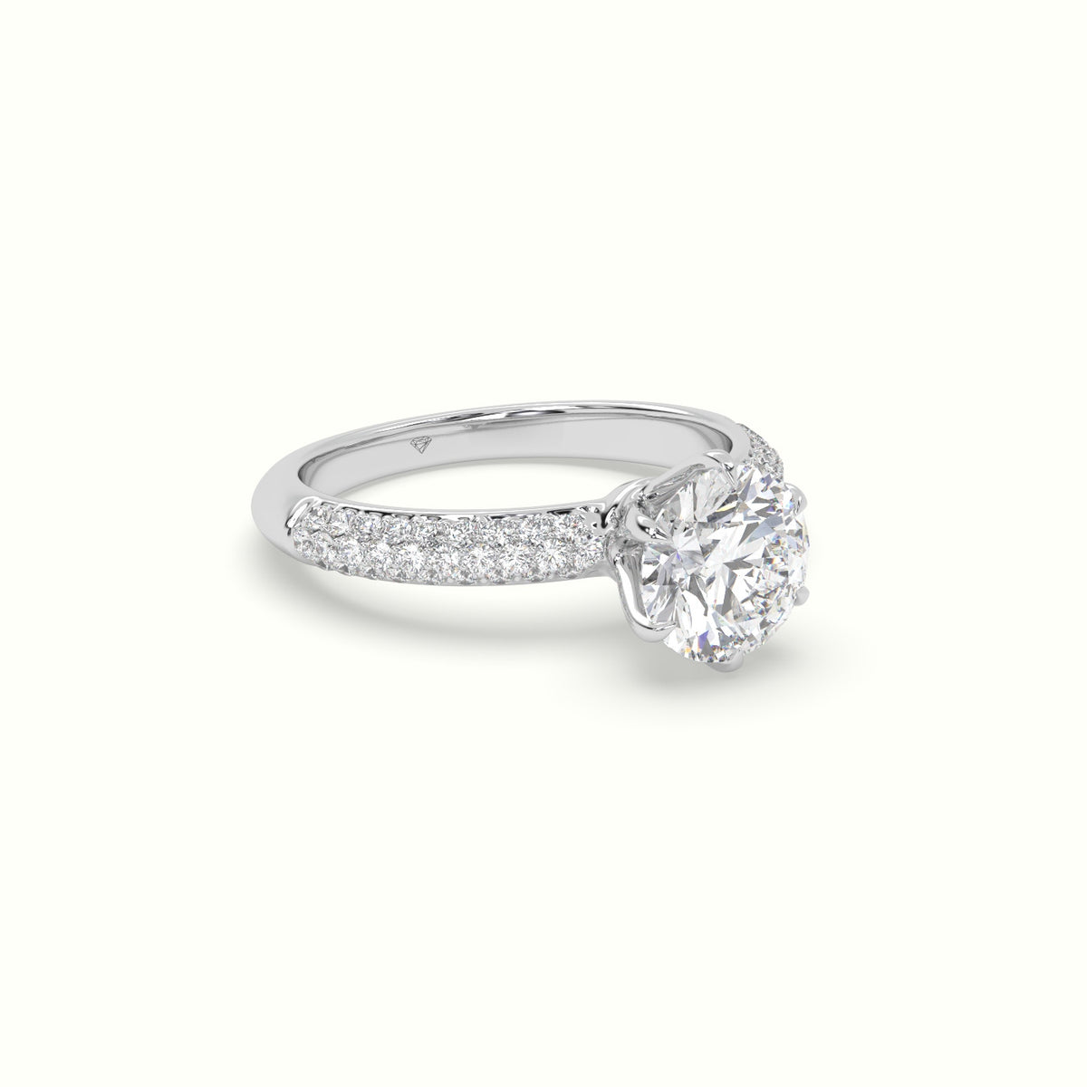 Round Cut Pave Engagement Ring — White Gold