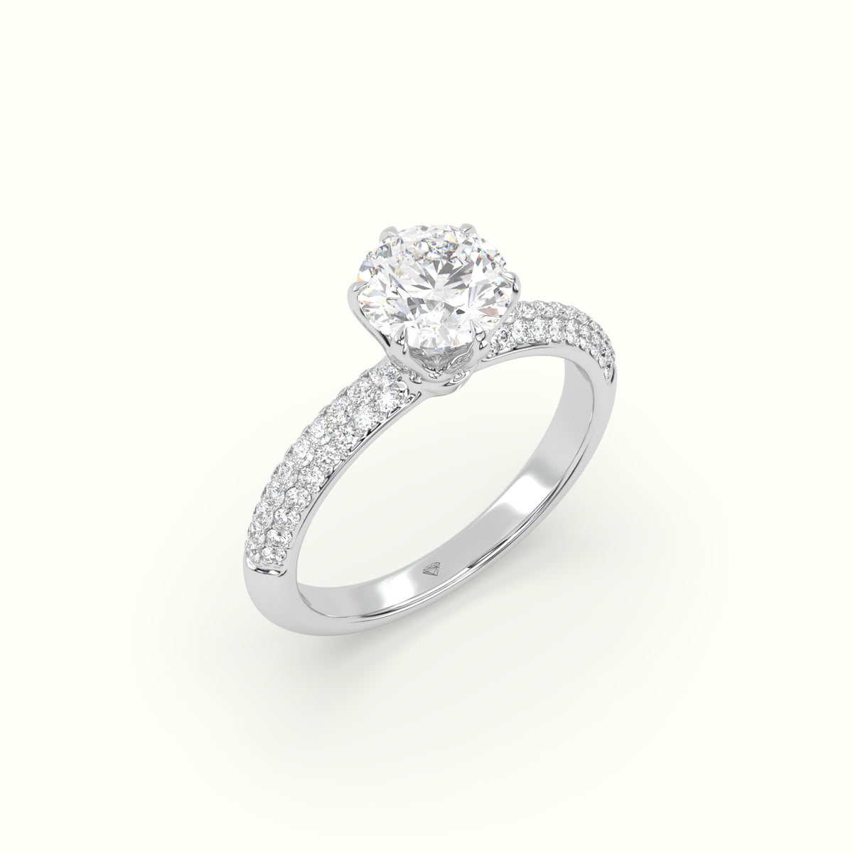 Round Cut Pave Engagement Ring — White Gold