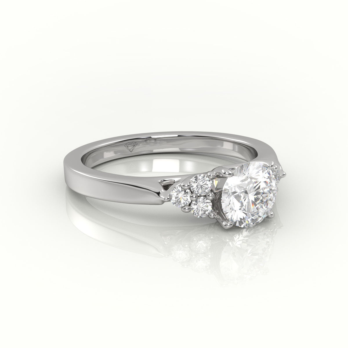 Round Cut Diamond 4 Prongs Side Stone Setting Engagement Ring — White Gold