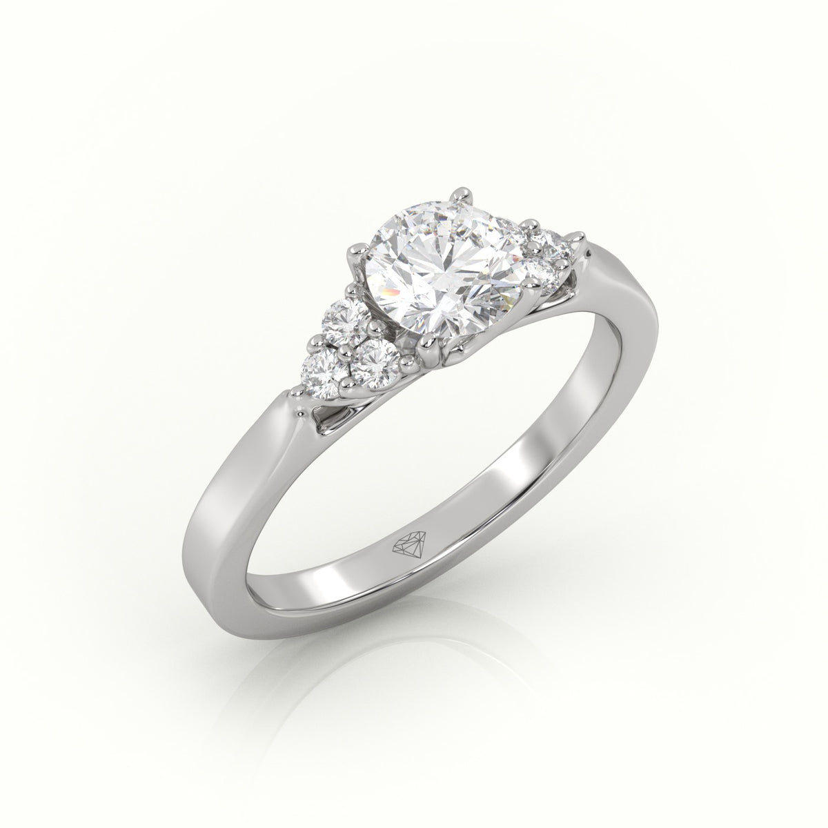 Round Cut Diamond 4 Prongs Side Stone Setting Engagement Ring — White Gold