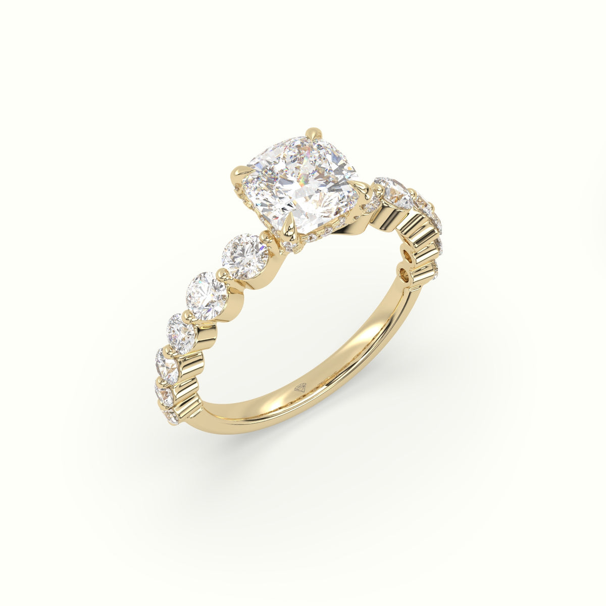 Cushion Cut Diamond Engagement Ring With Side Stones — Yellow Gold