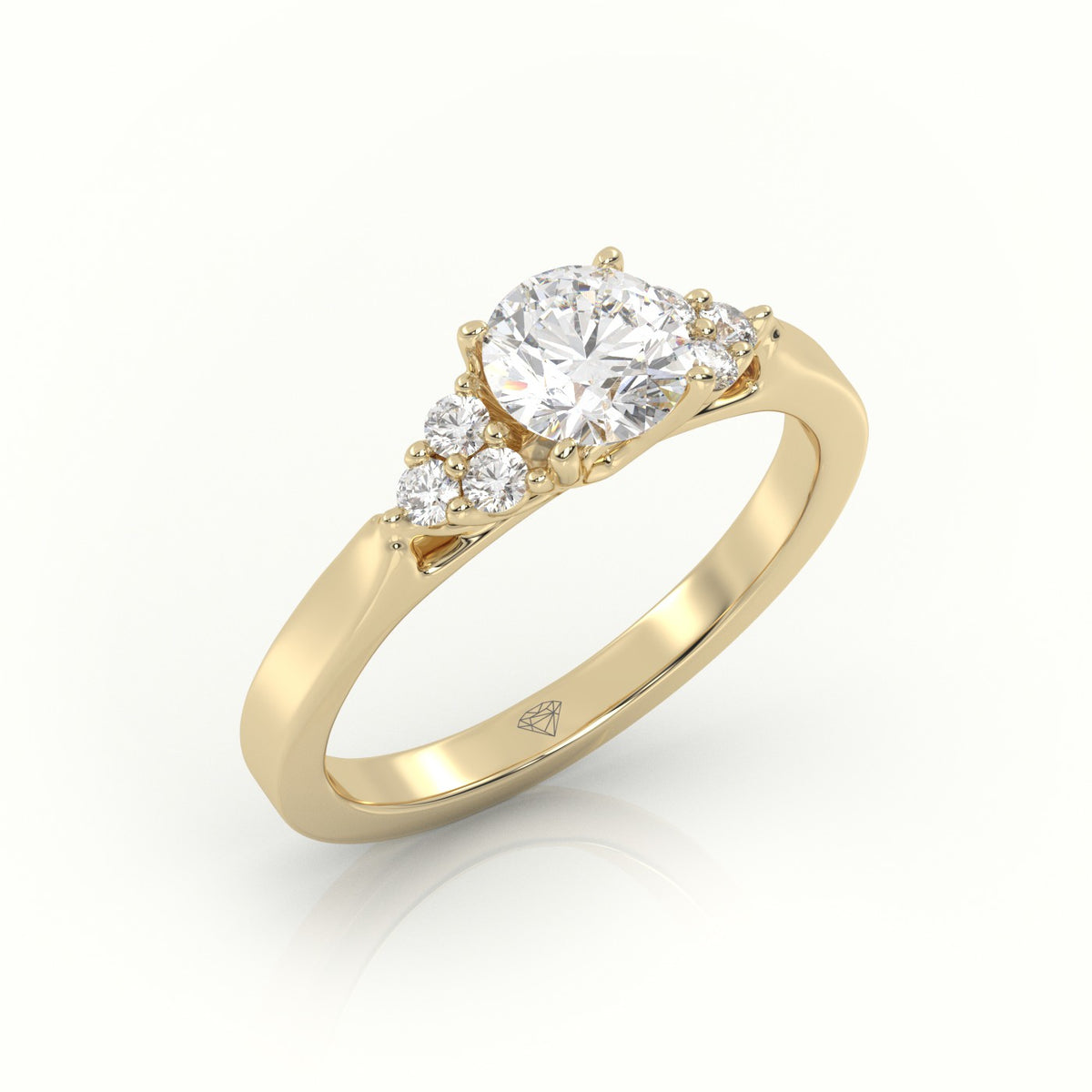 Round Cut Diamond 4 Prongs Side Stone Setting Engagement Ring — Yellow Gold