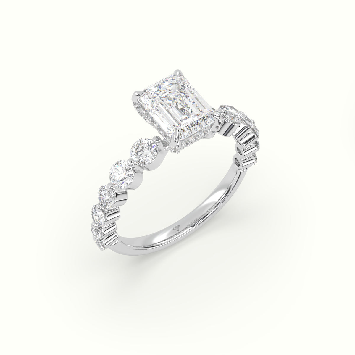 Emerald Cut Diamond Engagement Ring With Side Stones — White Gold