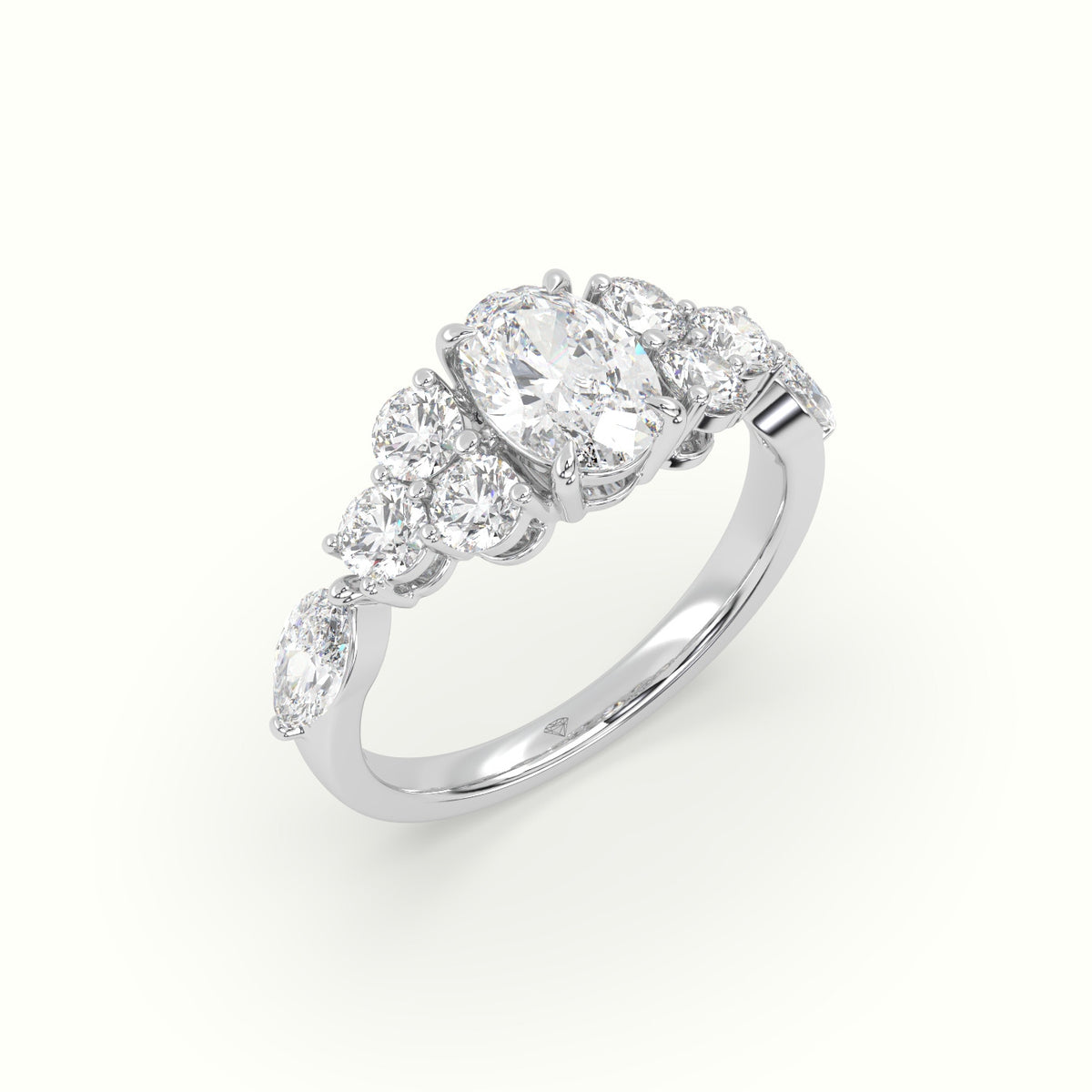 Oval Diamond Engagement Ring With Round And Marquise Side Stones — White Gold