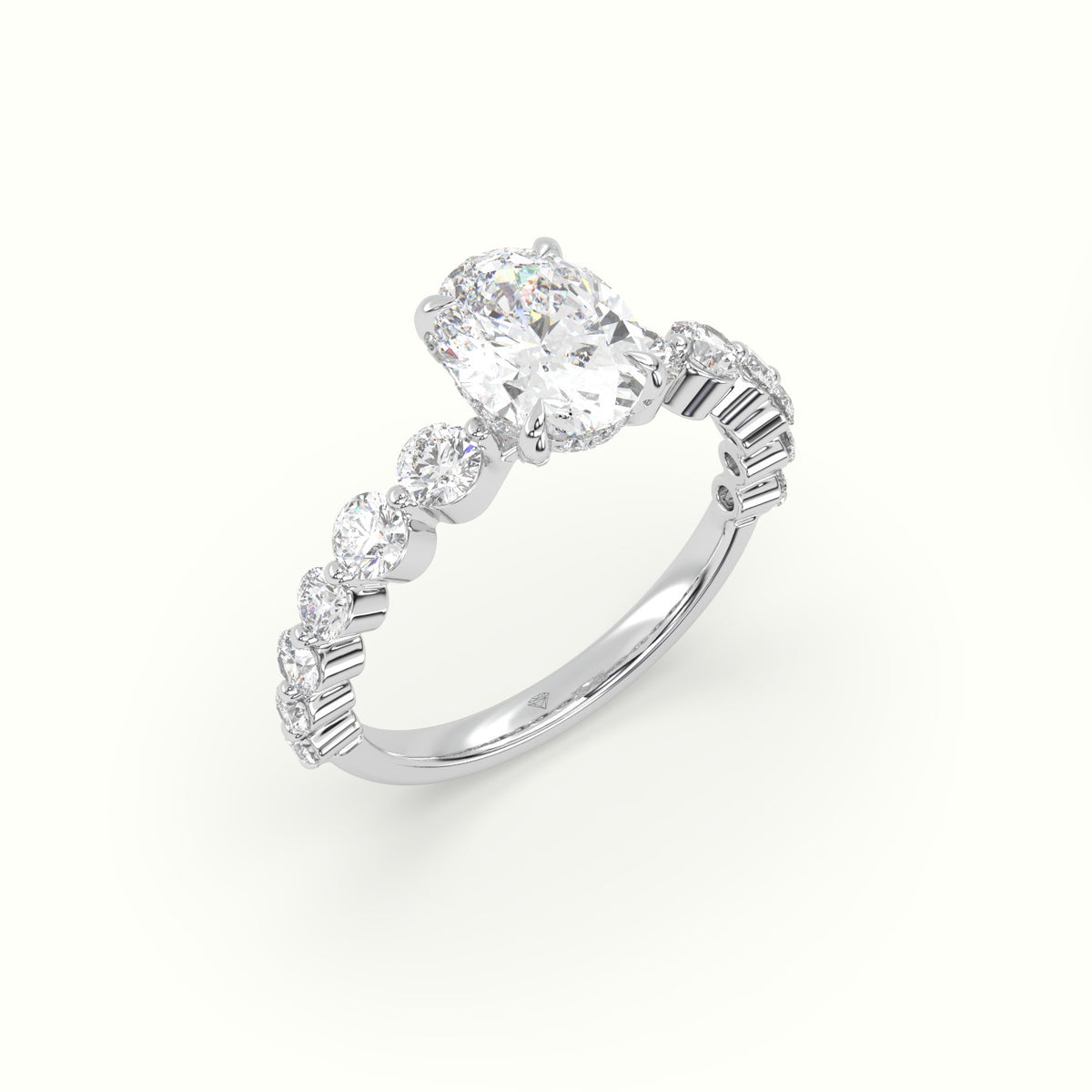 Oval Cut Diamond Engagement Ring With Side Stones — White Gold