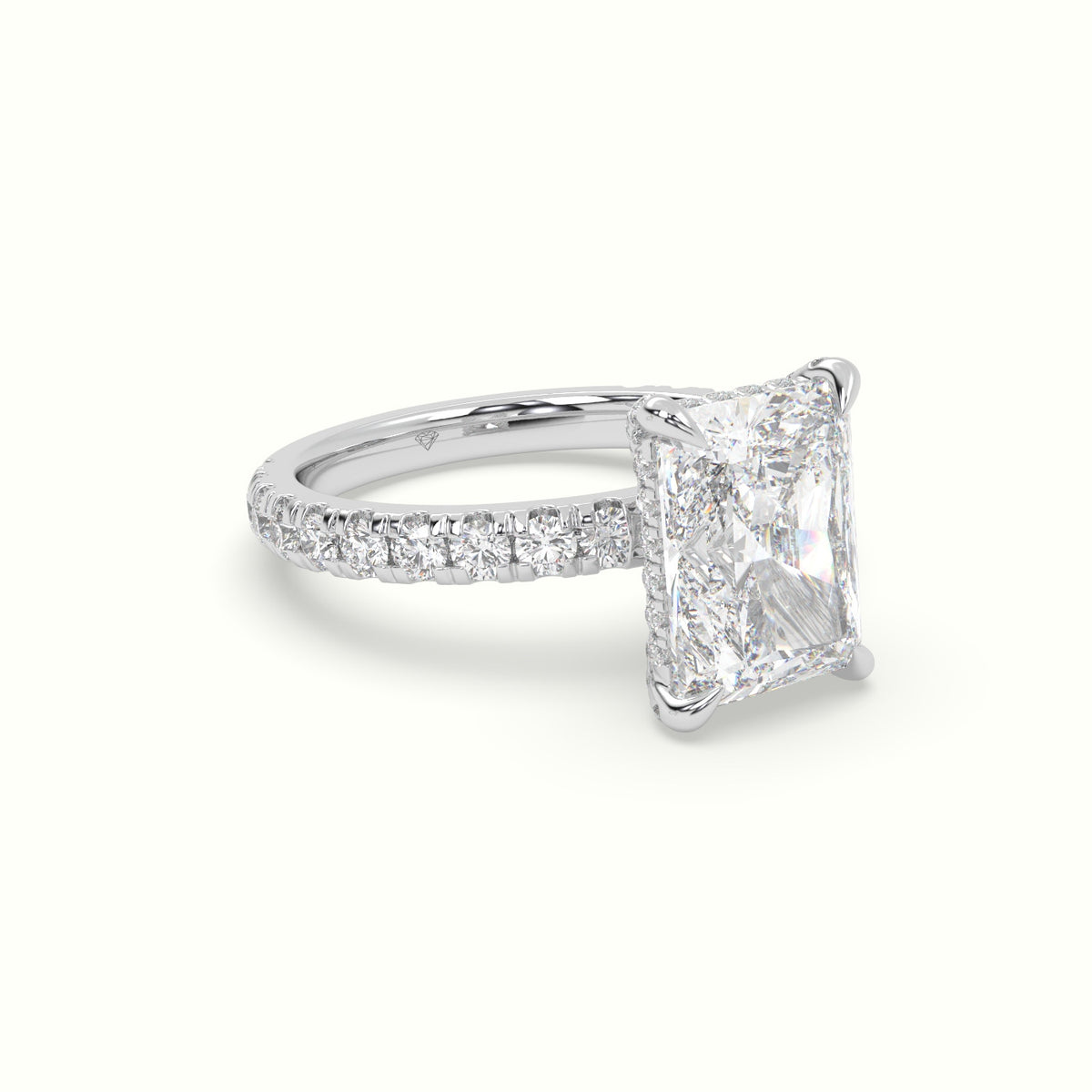 Radiant Cut Solitaire Pave Engagement Ring — White Gold