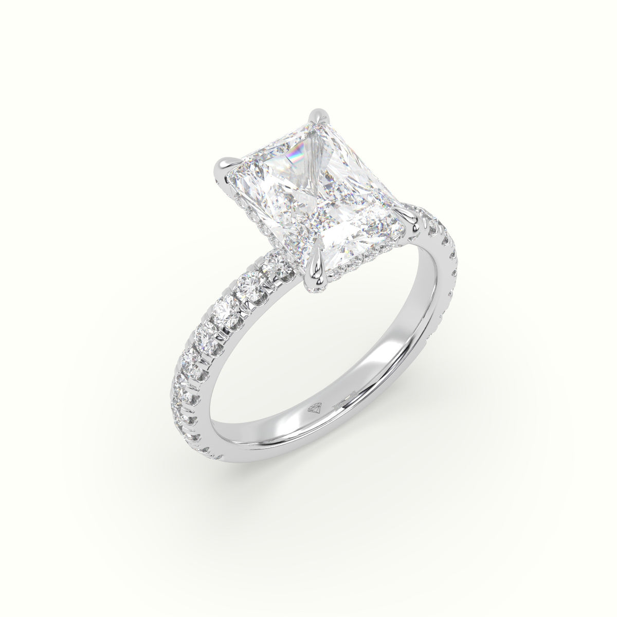 Radiant Cut Solitaire Pave Engagement Ring — White Gold