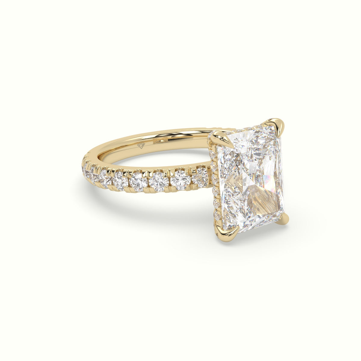 Radiant Cut Solitaire Pave Engagement Ring — Yellow Gold