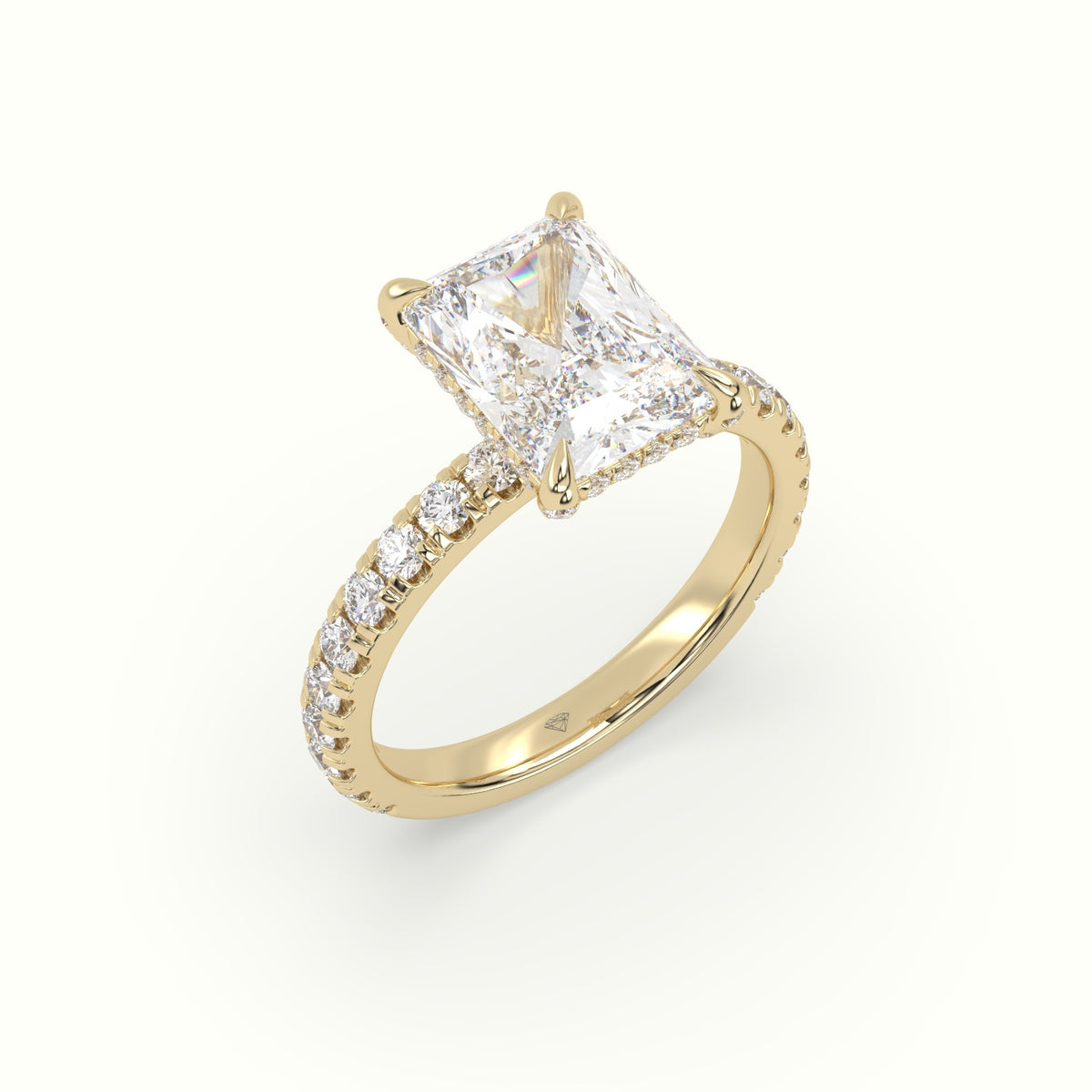 Radiant Cut Solitaire Pave Engagement Ring — Yellow Gold