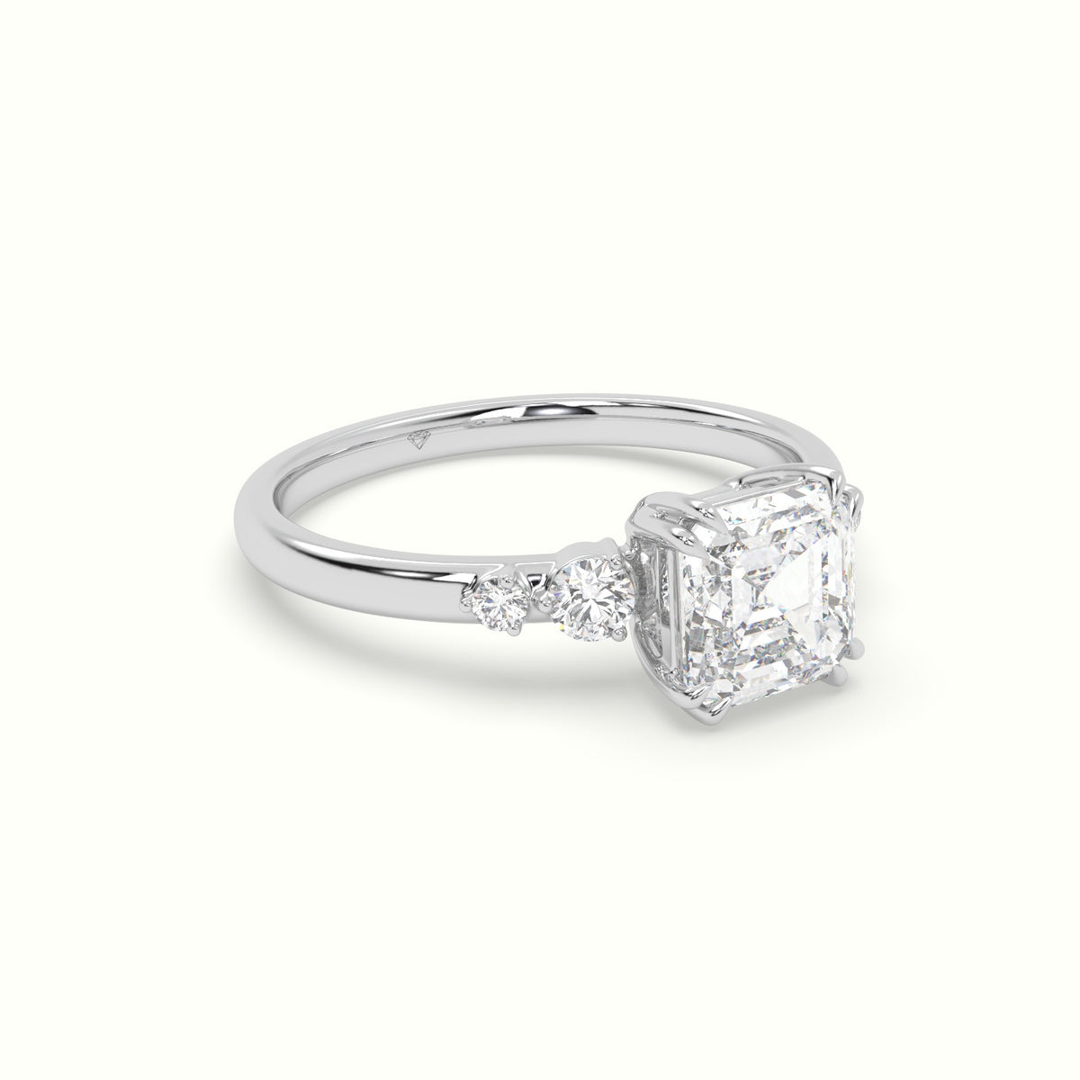 Asscher Diamond Solitaire Side Stone Engagement Ring — White Gold