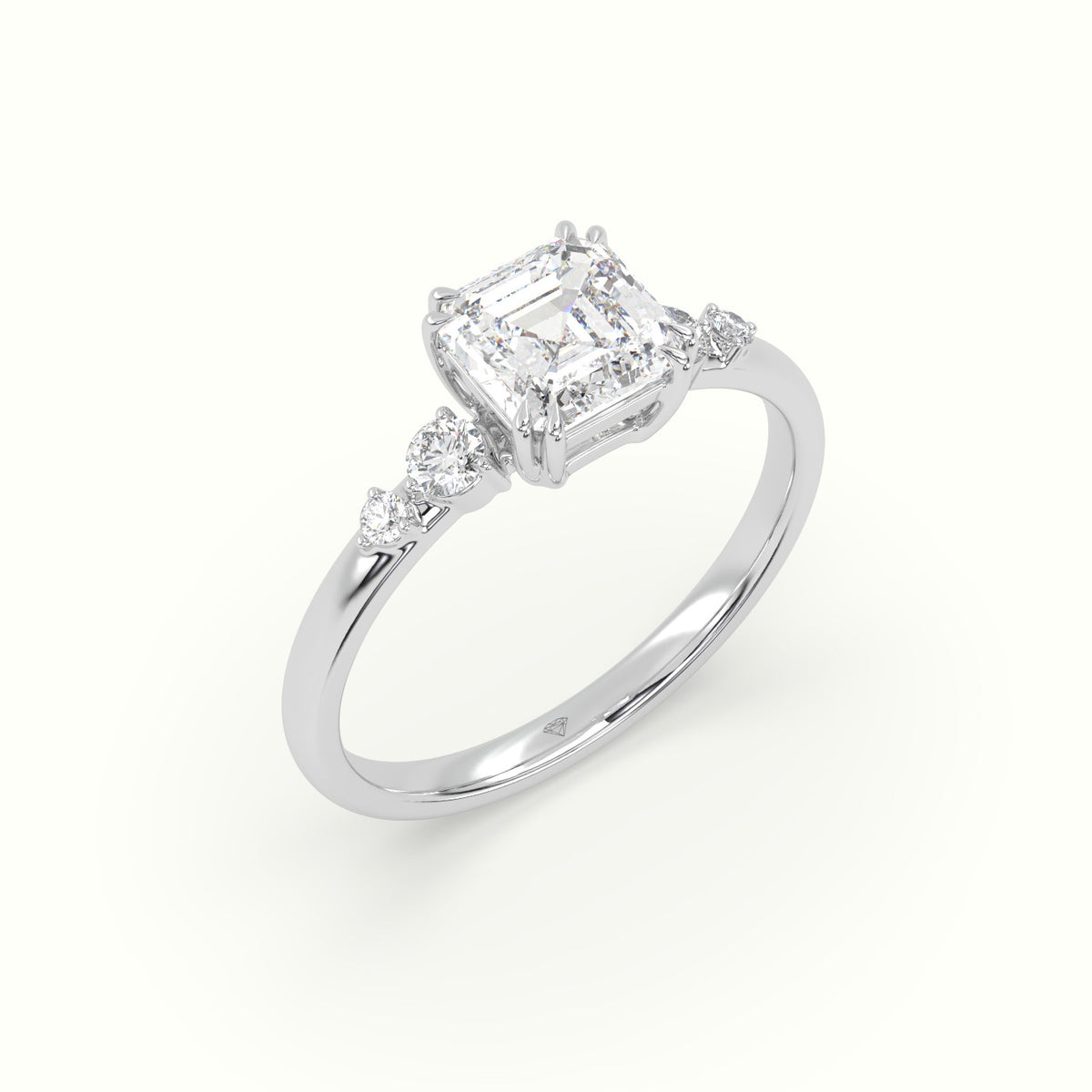Asscher Diamond Solitaire Side Stone Engagement Ring — White Gold