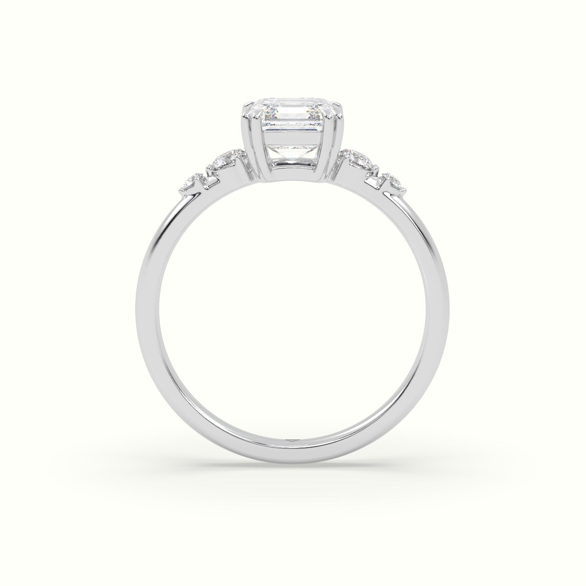 Asscher Diamond Solitaire Side Stone Engagement Ring — White Gold