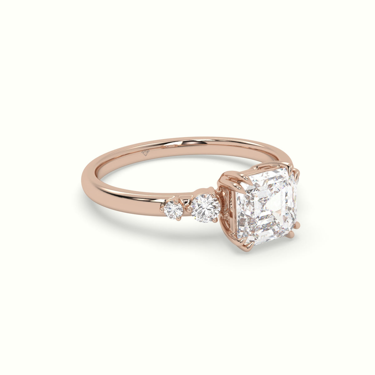 Asscher Diamond Solitaire Side Stone Engagement Ring — Rose Gold