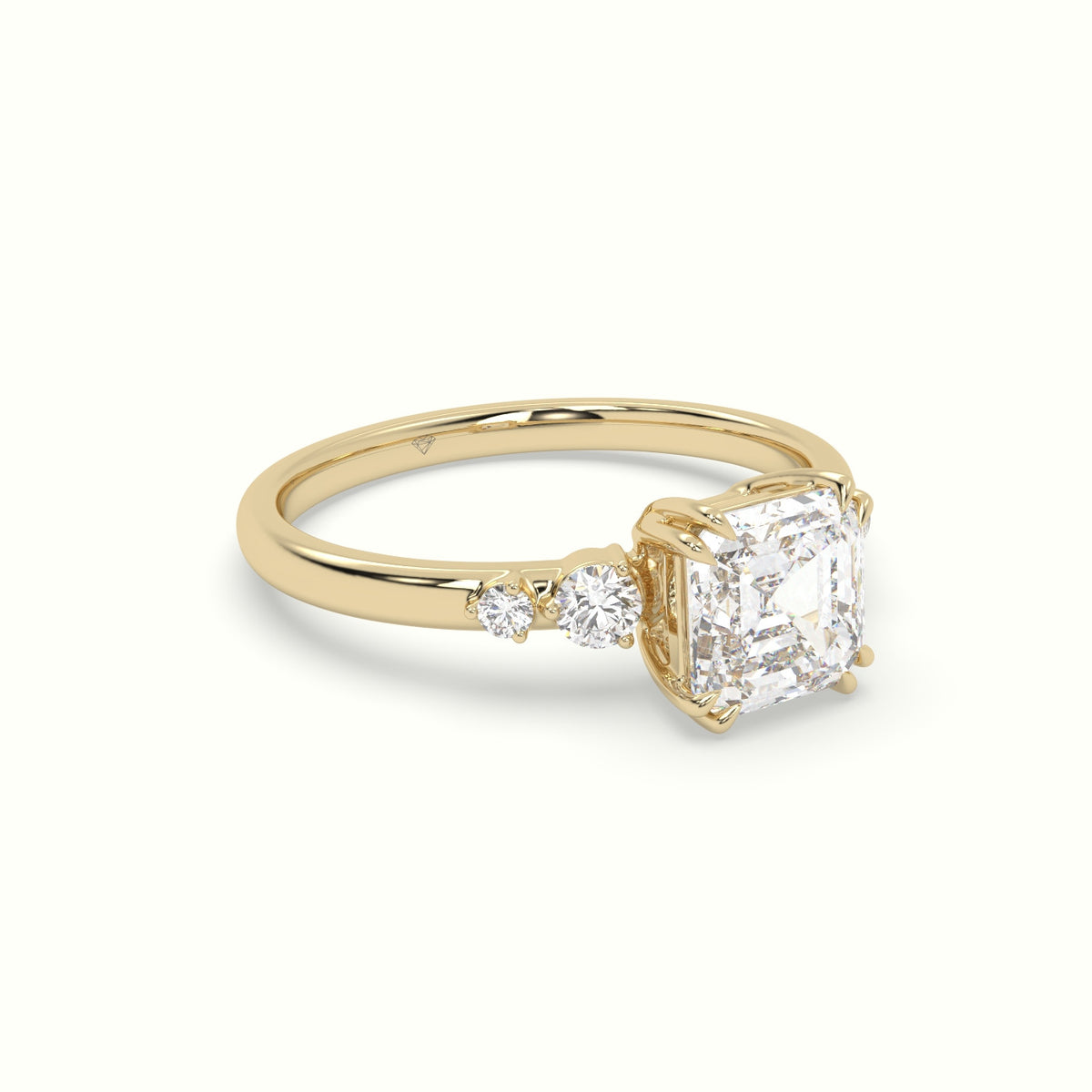 Asscher Diamond Solitaire Side Stone Engagement Ring — Yellow Gold