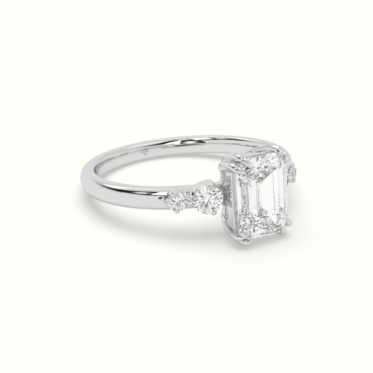 Emerald Diamond Solitaire Side Stone Engagement Ring — White Gold