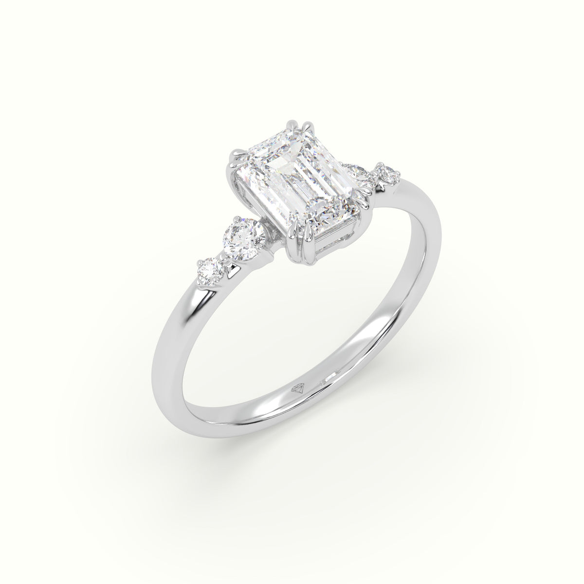 Emerald Diamond Solitaire Side Stone Engagement Ring — White Gold