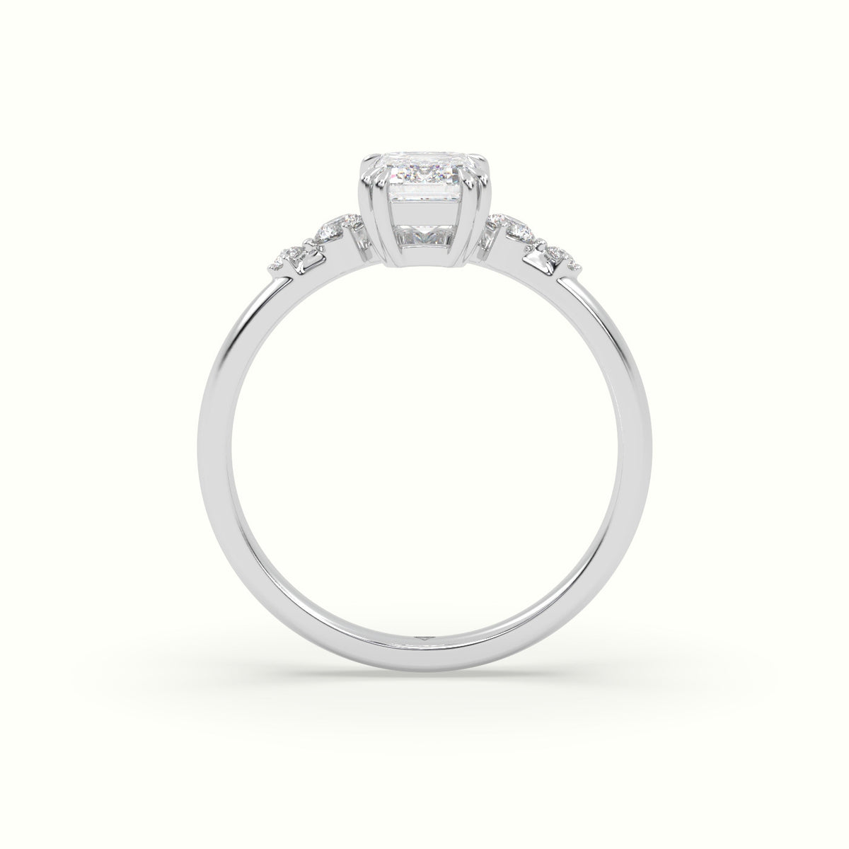 Emerald Diamond Solitaire Side Stone Engagement Ring — White Gold