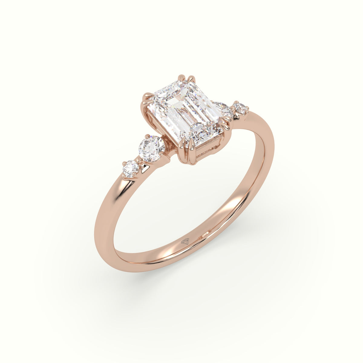 Emerald Diamond Solitaire Side Stone Engagement Ring — Rose Gold