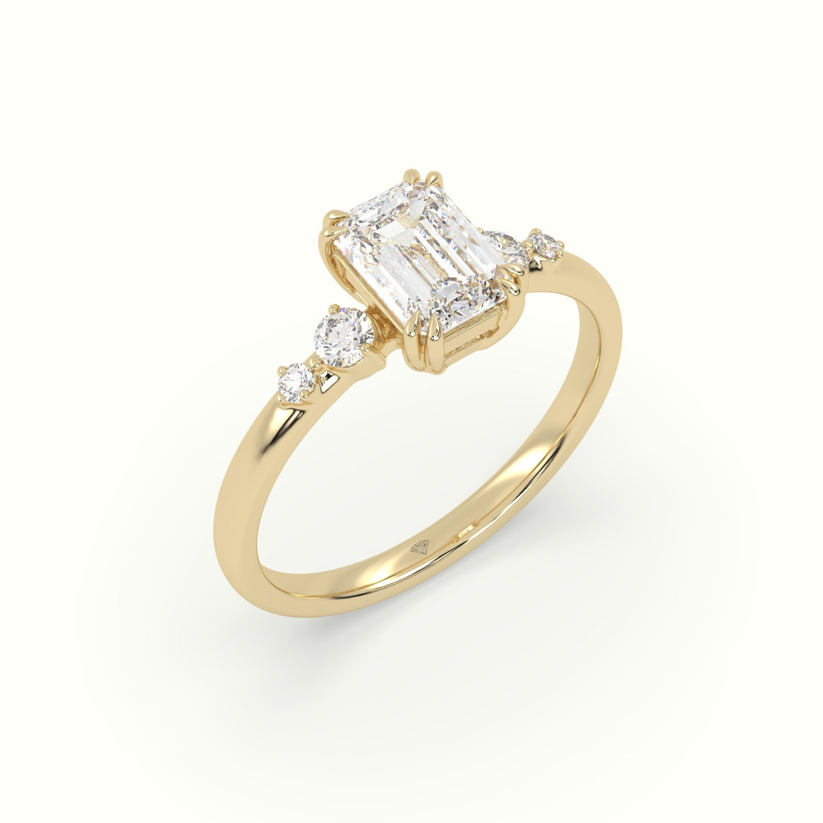 Emerald Diamond Solitaire Side Stone Engagement Ring — Yellow Gold