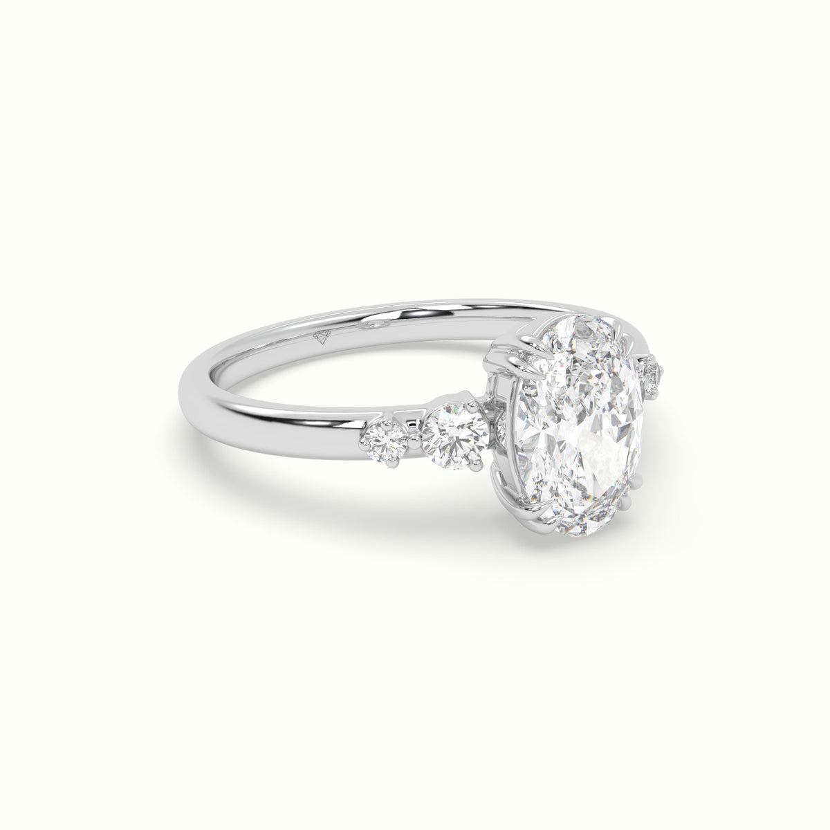 Oval Diamond Solitaire Side Stone Engagement Ring — White Gold