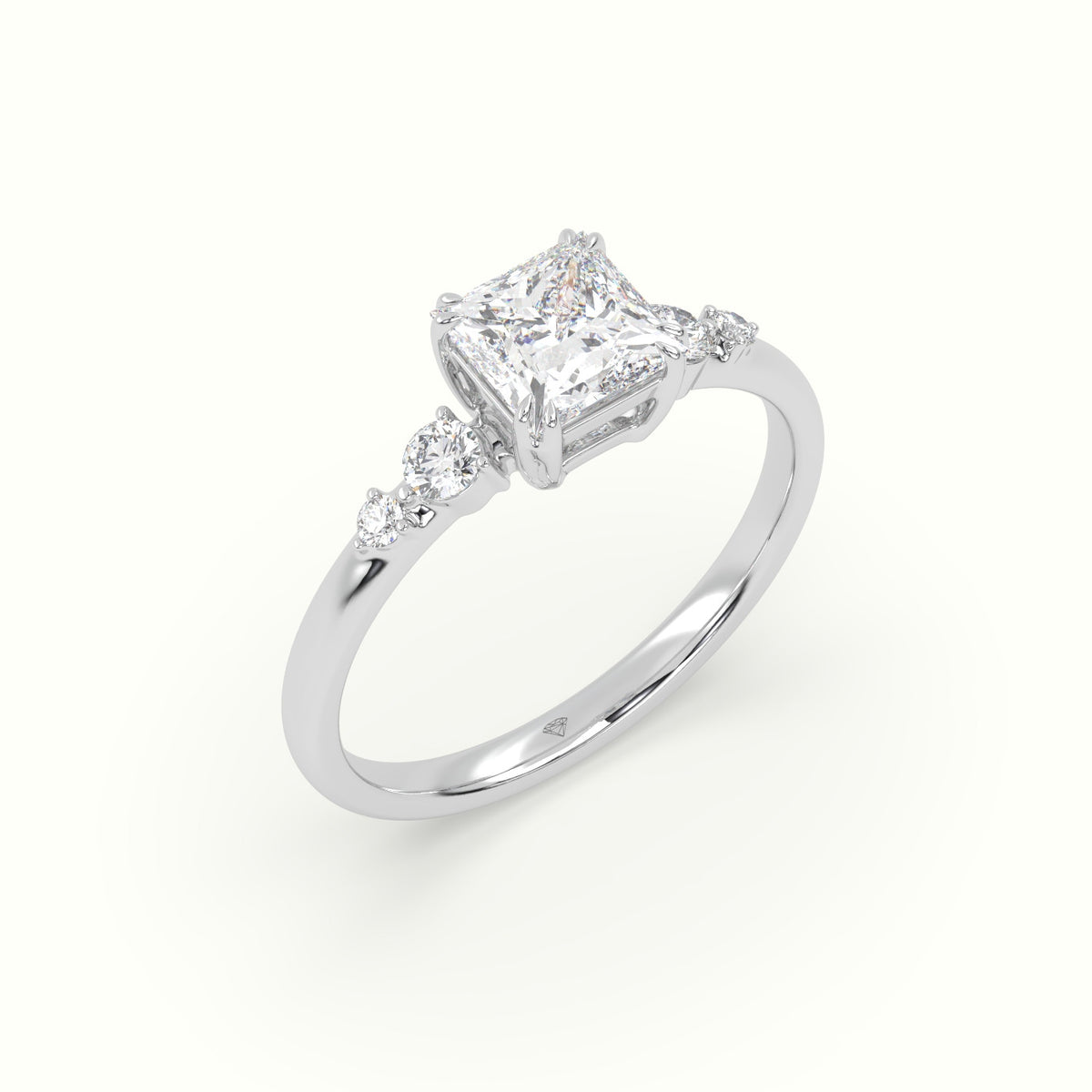 Princess Diamond Solitaire Side Stone Engagement Ring — White Gold
