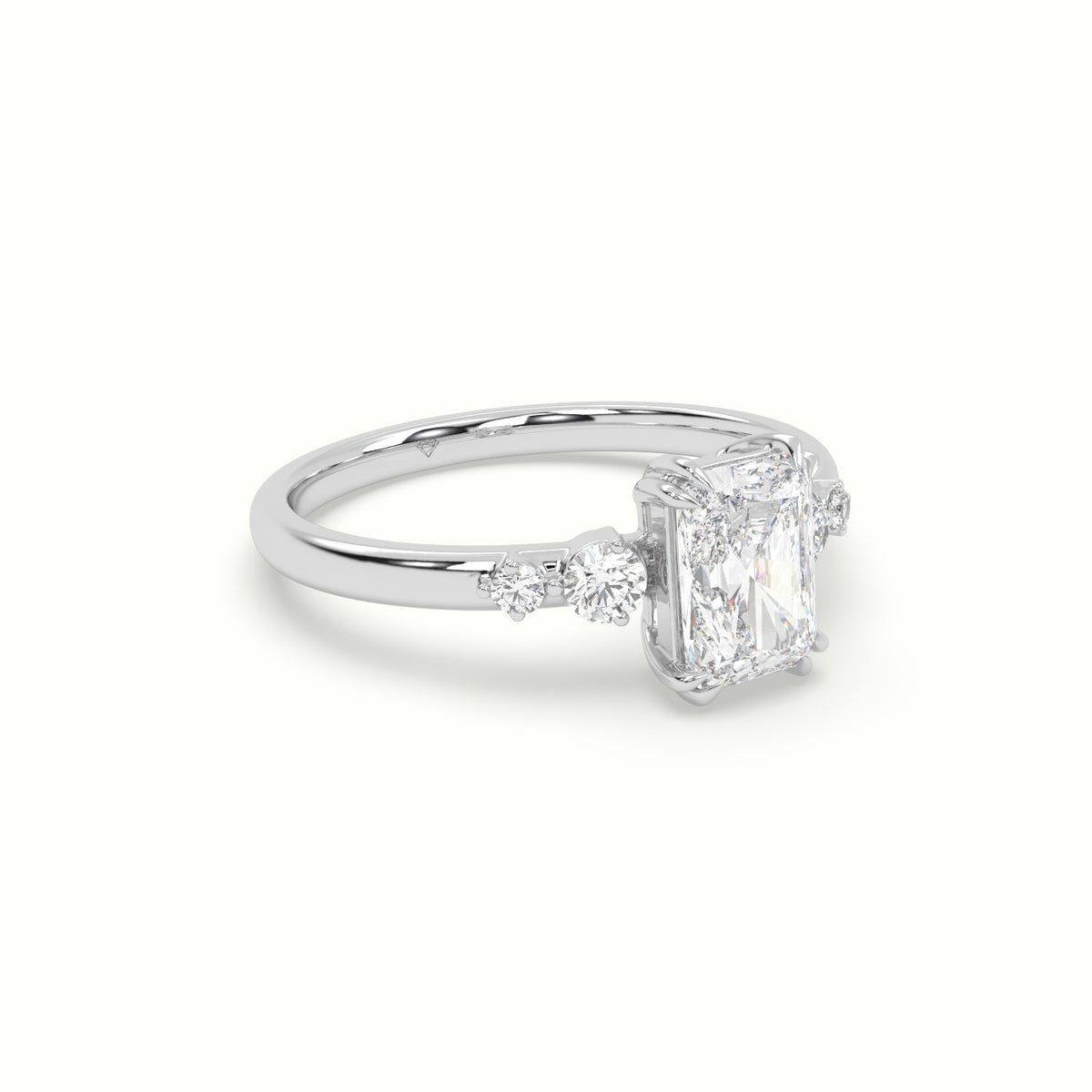 Radiant Diamond Solitaire Side Stone Engagement Ring — White Gold