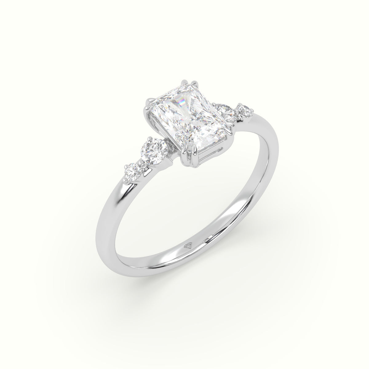 Radiant Diamond Solitaire Side Stone Engagement Ring — White Gold