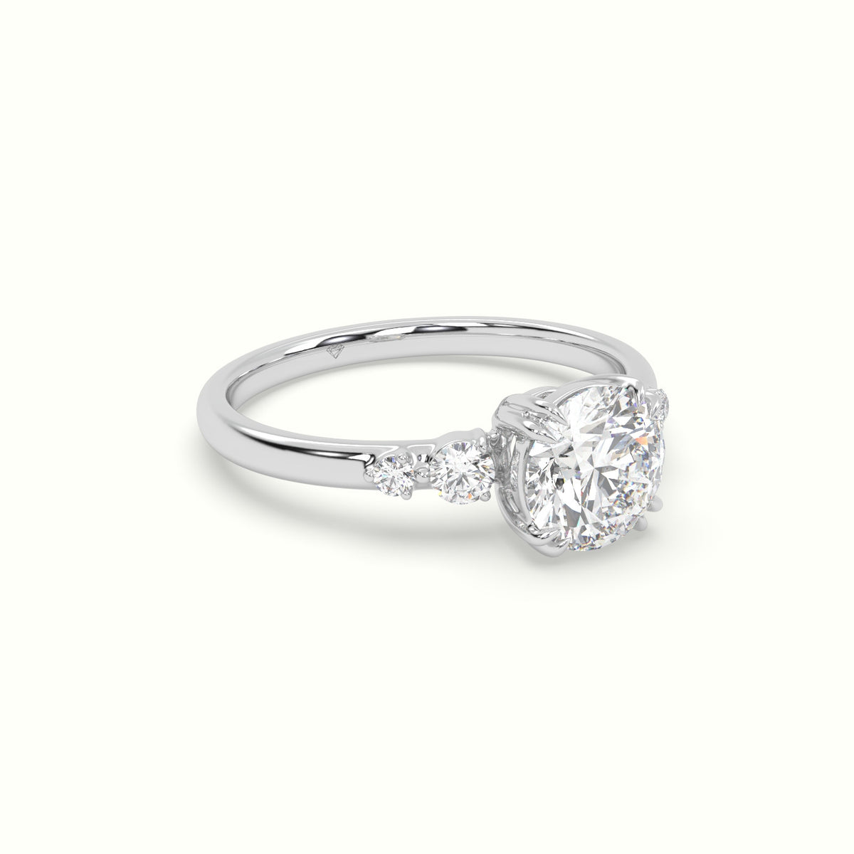 Round Diamond Solitaire Side Stone Engagement Ring — White Gold