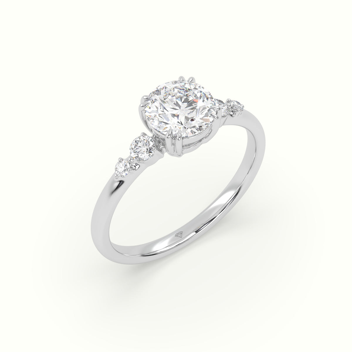 Round Diamond Solitaire Side Stone Engagement Ring — White Gold
