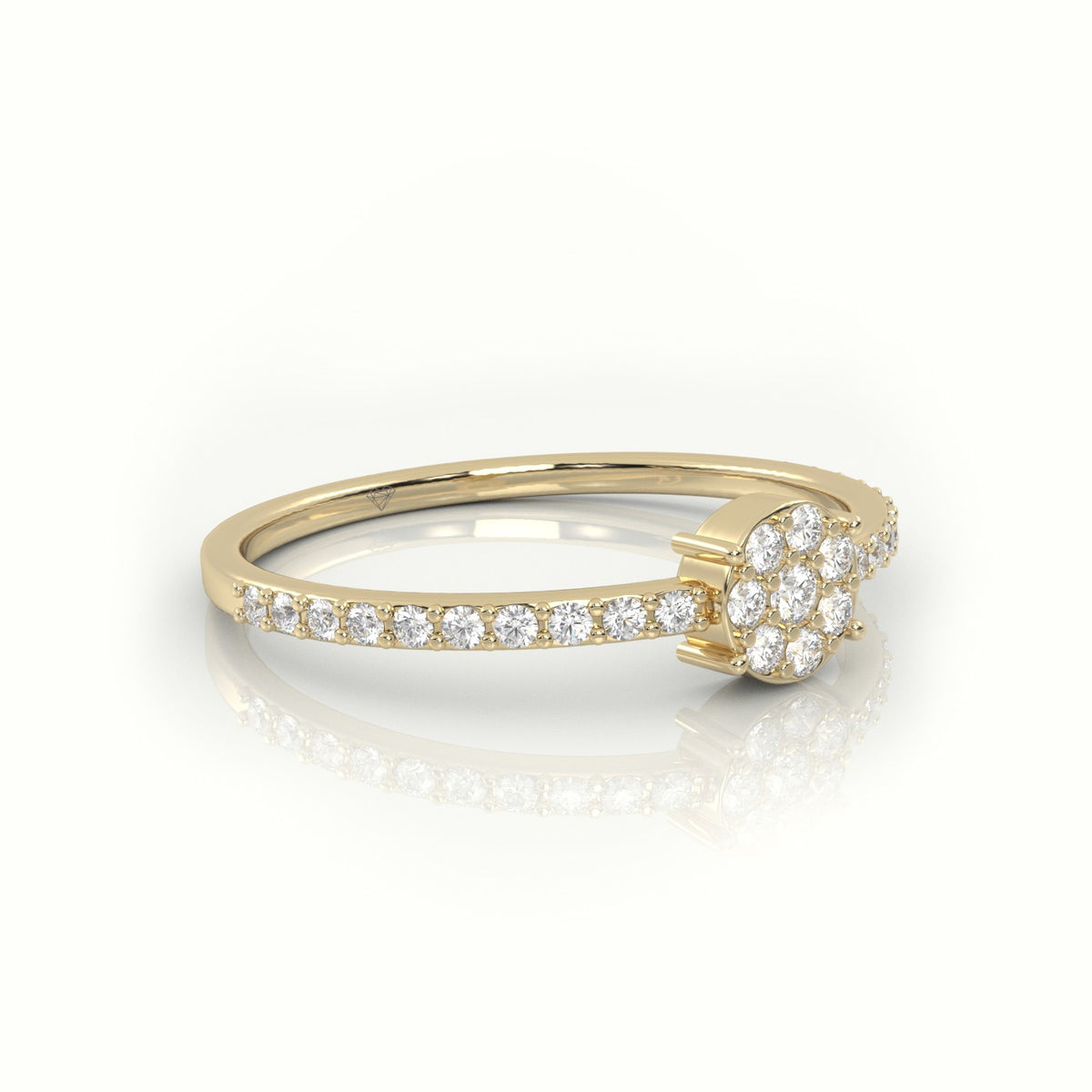 Round Cut Diamond 4 Prongs Pave Setting Designer Ring — Yellow Gold
