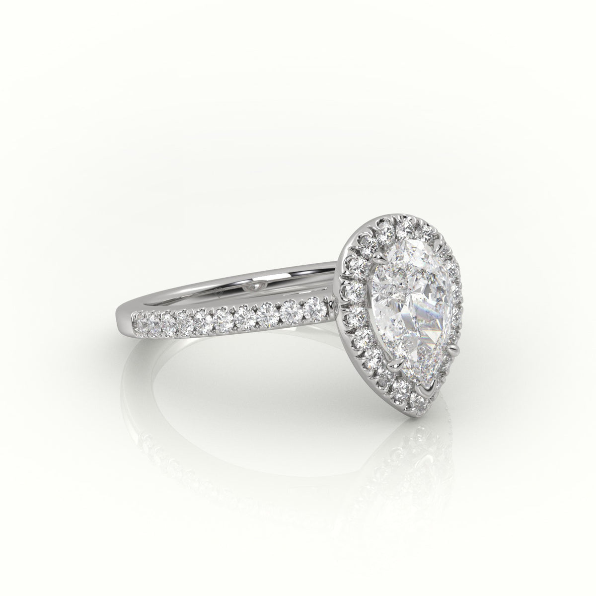 Pear Cut Diamond Halo Pave Setting Engagement Ring — White Gold