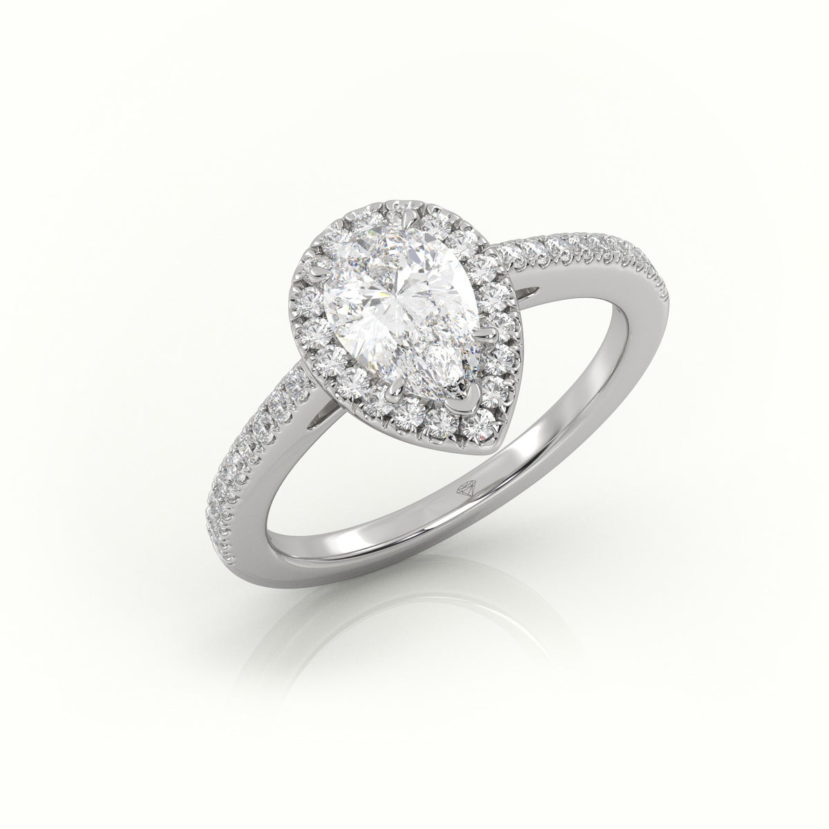 Pear Cut Diamond Halo Pave Setting Engagement Ring — White Gold
