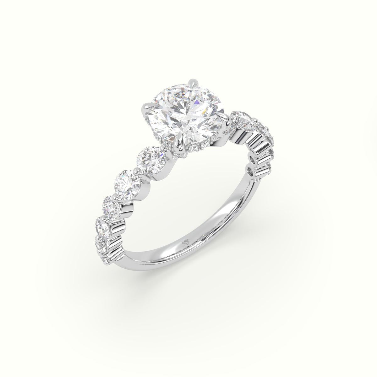 Round Diamond Side Stone Engagement Ring — White Gold