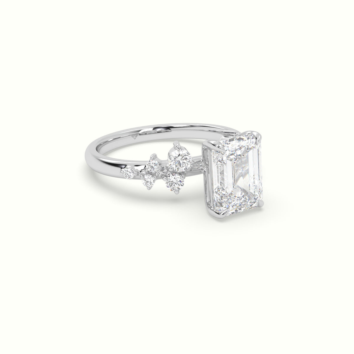 Emerald Diamond Side Stone Engagement Ring — White Gold