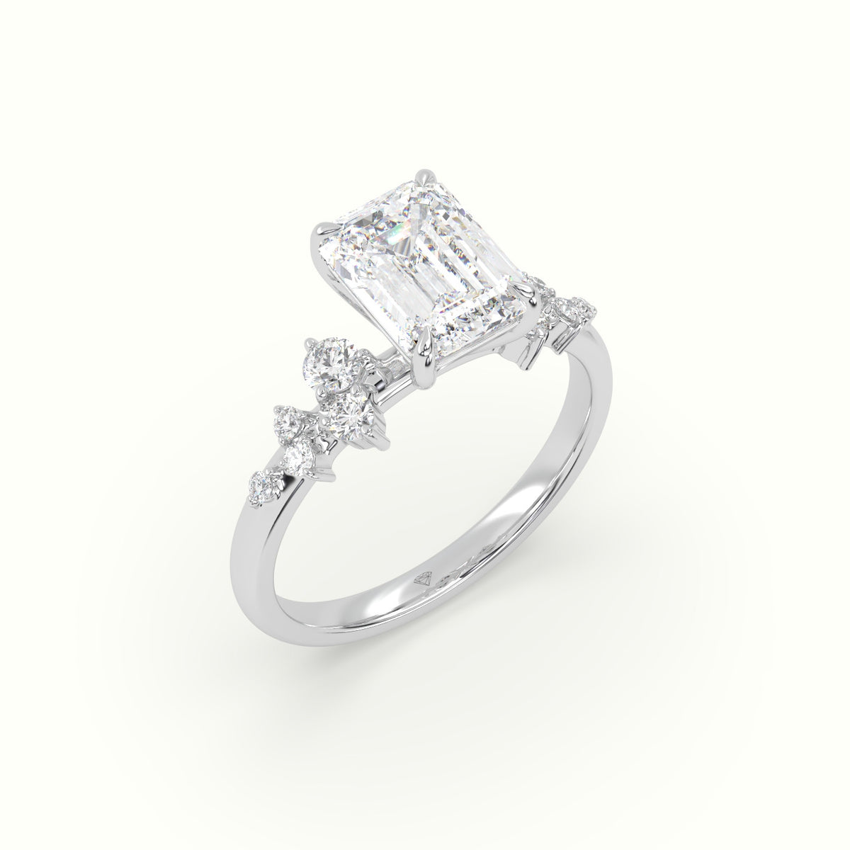 Emerald Diamond Side Stone Engagement Ring — White Gold
