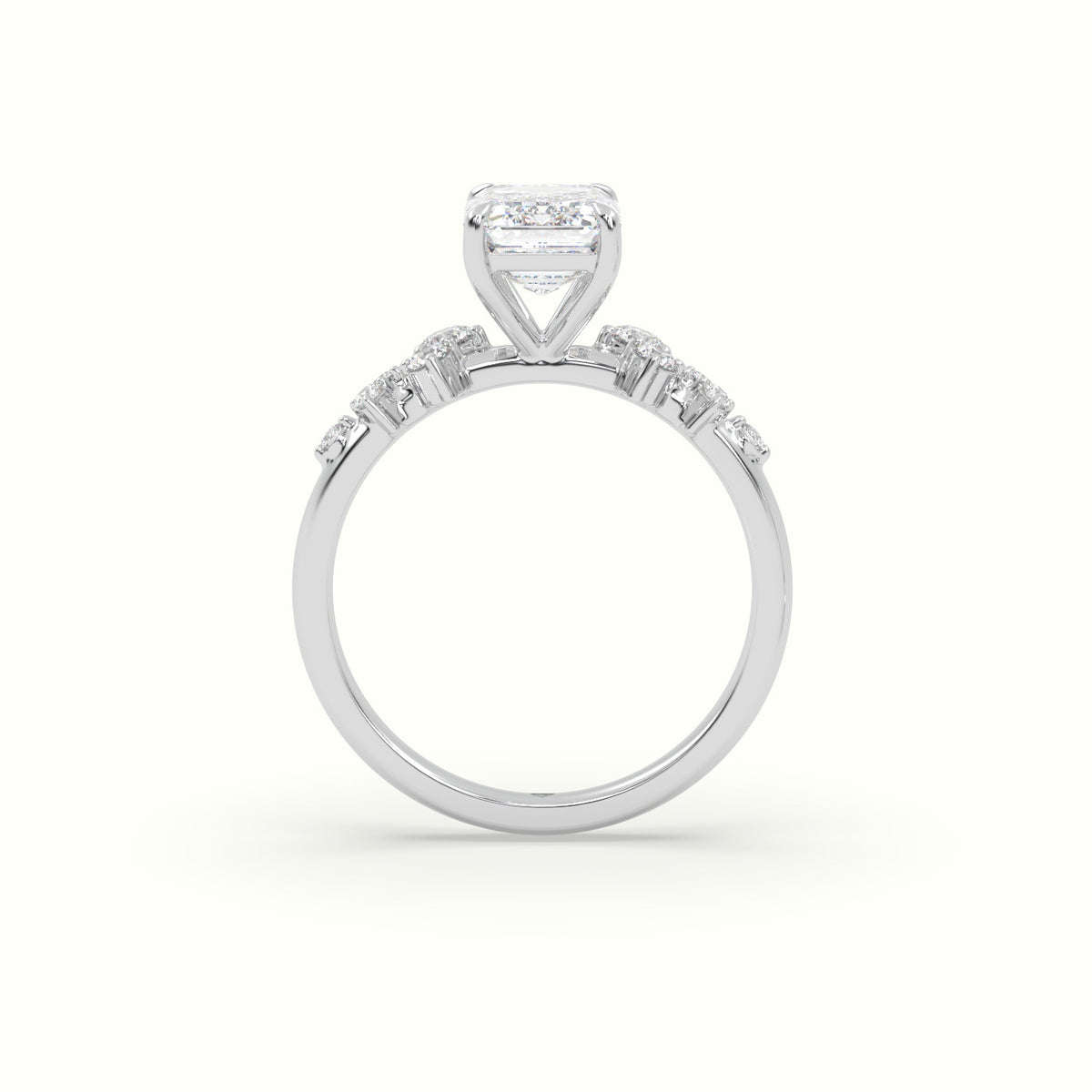 Emerald Diamond Side Stone Engagement Ring — White Gold