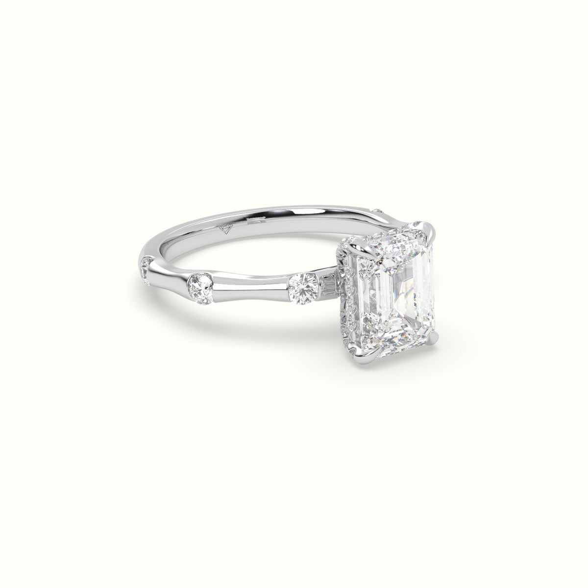 Emerald Diamond Side Stone Engagement Ring — White Gold