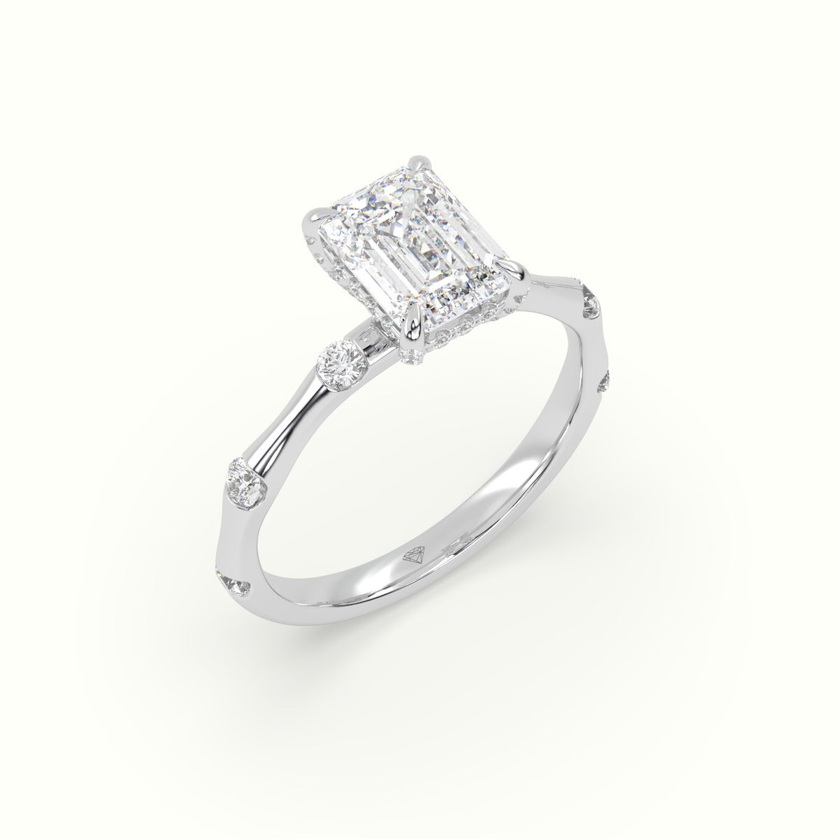 Emerald Diamond Side Stone Engagement Ring — White Gold