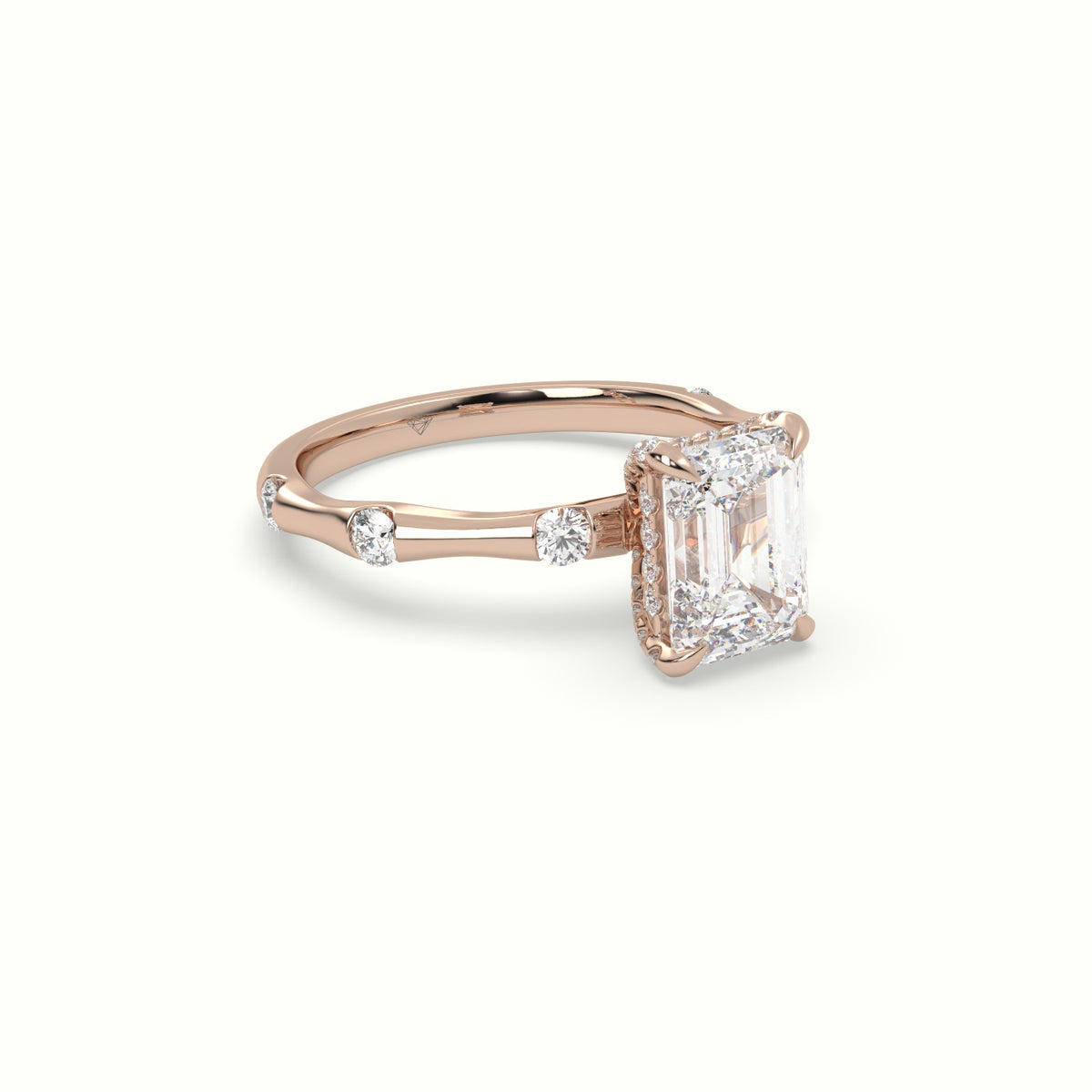 Emerald Diamond Side Stone Engagement Ring — Rose Gold