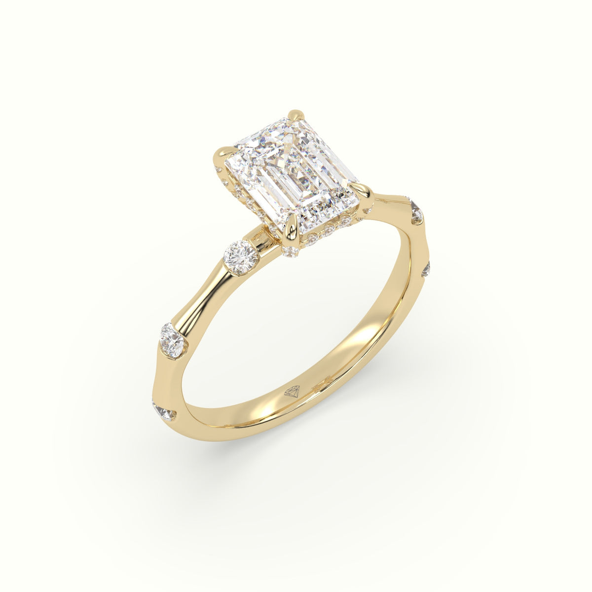 Emerald Diamond Side Stone Engagement Ring — Yellow Gold